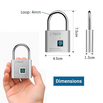 IFITech Smart Fingerprint Padlock, Biometric Keyless Lock with 20 Fingerprint Storage, Rechargeable | Ideal for Personal Spaces and Travel Needs (Small-Silver)