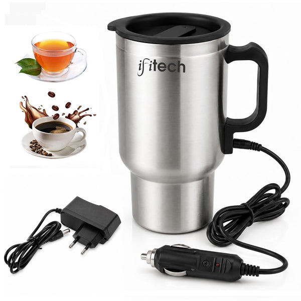 FITech 450ml Electric Tea Coffee Warmer Mug with Lid, Stainless Steel Heated Travel Cup, 12V Portable Beverage Warmer for Car, Home & Office, Keeps Tea, Coffee, Milk & Water Warm up to 60°C
