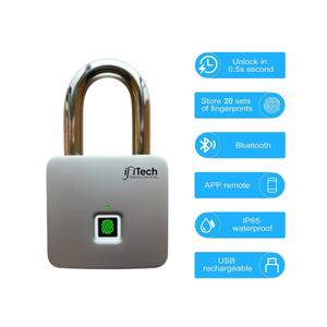 Smart lock with fingerprint sensor and feature icons on a white background
