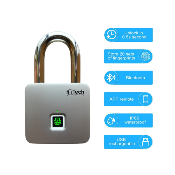 Smart lock with fingerprint sensor and feature icons on a white background