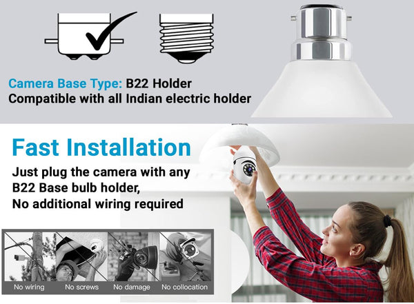 IFITech FTY HD Smart Wi-Fi CCTV Home Security Camera | Indoor 360° Smart CCTV Camera | Bulb Camera | 256GB SD Card Support (Not Included)