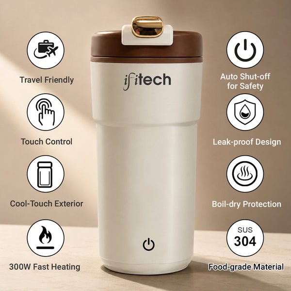 IFITech 2-in-1 Portable Electric Kettle Stainless Steel Leakproof Flask for Boiling Water and Warming Milk | USB Type-C & AC Power | 300W Fast Heating | Portable Electric Water Bottle for Travel