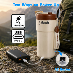 IFITech 2-in-1 Portable Electric Kettle Stainless Steel Leakproof Flask for Boiling Water and Warming Milk | USB Type-C & AC Power | 300W Fast Heating | Portable Electric Water Bottle for Travel