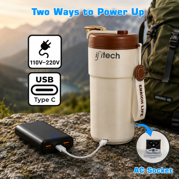 IFITech 2-in-1 Portable Electric Kettle Stainless Steel Leakproof Flask for Boiling Water and Warming Milk | USB Type-C & AC Power | 300W Fast Heating | Portable Electric Water Bottle for Travel