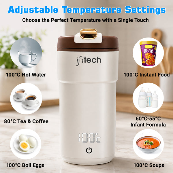 IFITech 2-in-1 Portable Electric Kettle Stainless Steel Leakproof Flask for Boiling Water and Warming Milk | USB Type-C & AC Power | 300W Fast Heating | Portable Electric Water Bottle for Travel