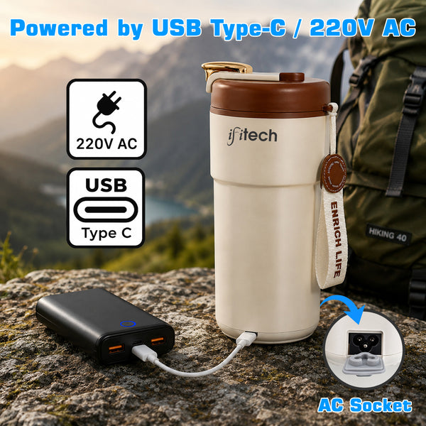 IFITech 500ml USB Bottle Warmer | Operates with USB Type-C or 220V AC Power, Travel Friendly Electric Kettle | Water Boiler Heater with LCD Display, 45°C–55°C Temperature Control | 304 Stainless Steel