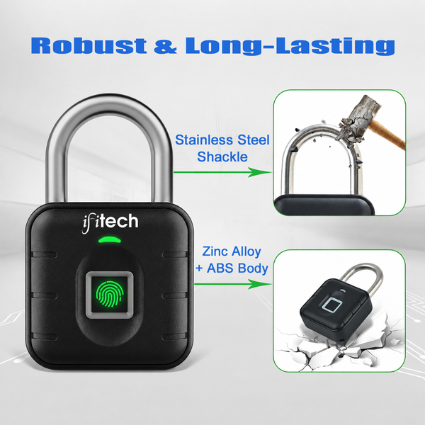 IFITech Smart Fingerprint Padlock | Biometric Padlock | Keyless Lock | Stores Up to 20 Fingerprints | Fingerprint Lock for Gym Locker, Cabinet, Drawer, Luggage & Personal Spaces