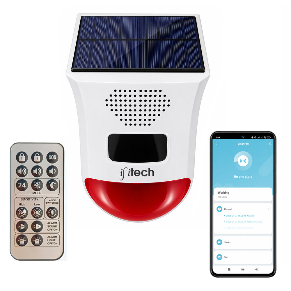 IFITech Solar Motion Sensor Alarm with Wi-Fi App Control | 120dB Siren & Strobe Light | Solar & USB Charging | Customizable MP3 Voice Alerts | Remote Control Security Alarm