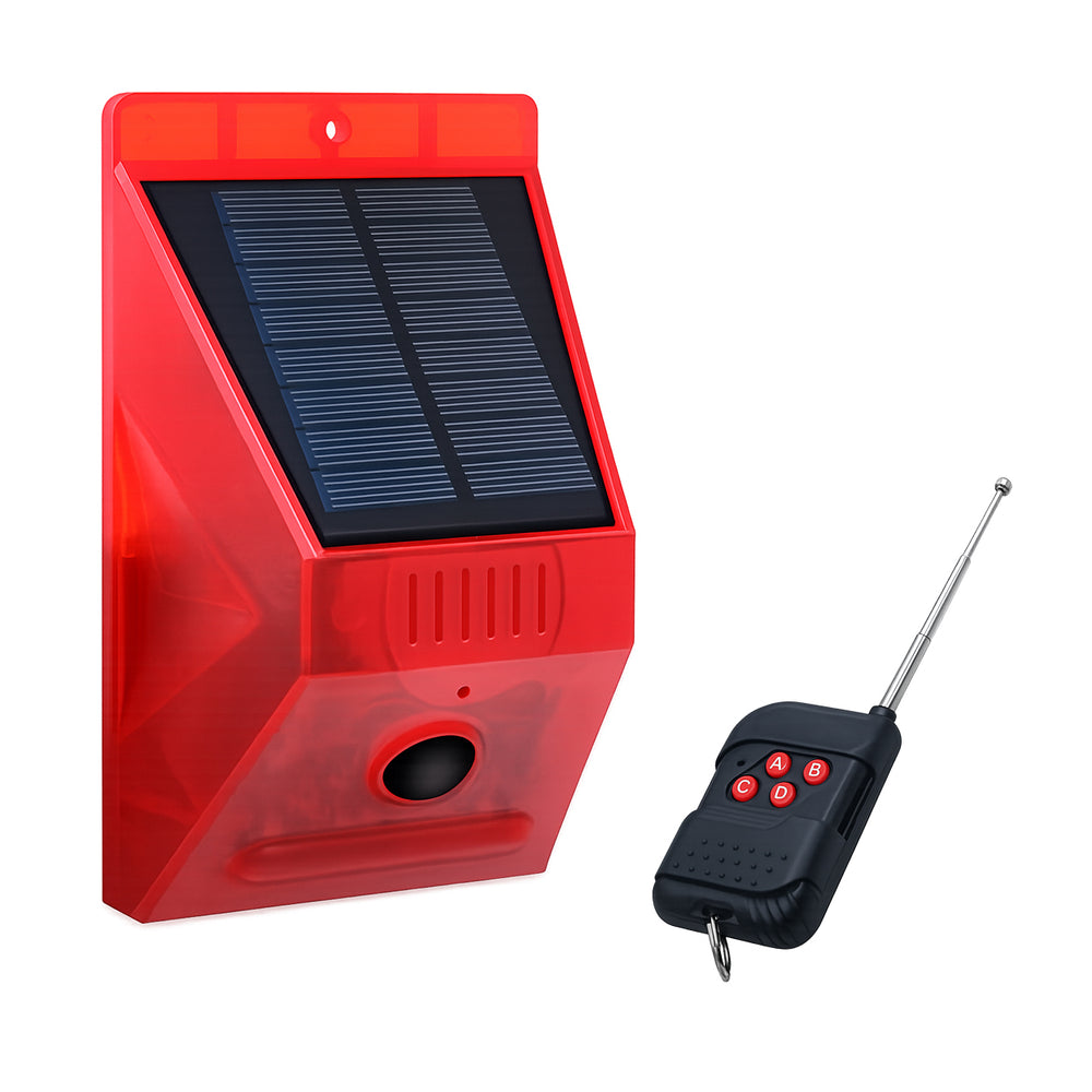 IFITech Solar Motion Sensor Alarm | Solar/USB Charging | 129dB Siren + Strobe Light | Remote Control