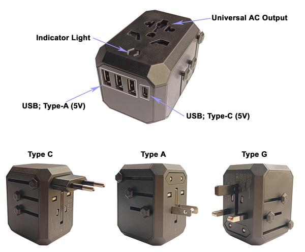 IFITech Universal Travel Adapter | 1 USB-C & 3 USB-A Output