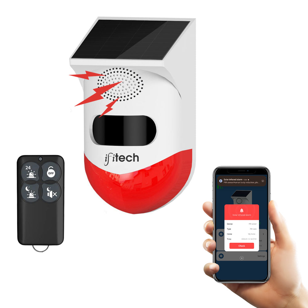 IFITech Solar Motion Sensor Alarm | Solar/USB Charging | 120dB Siren + Strobe Light | Wi-Fi App Alerts | Remote Control