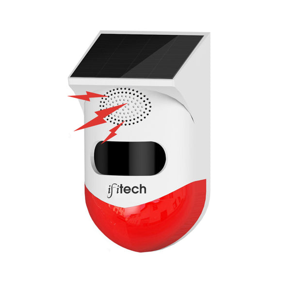 IFITech Solar Motion Sensor Alarm | Solar/USB Charging | 120dB Siren + Strobe Light