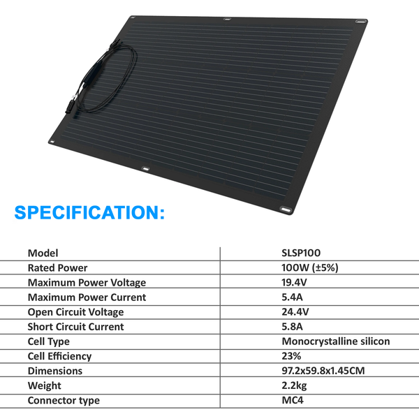 IFITech 100W Flexible Thin Monocrystalline Solar Panel, 19.4V Ultra Lightweight ETFE, High Efficiency Waterproof Solar Panel for RV Camping Boat Home