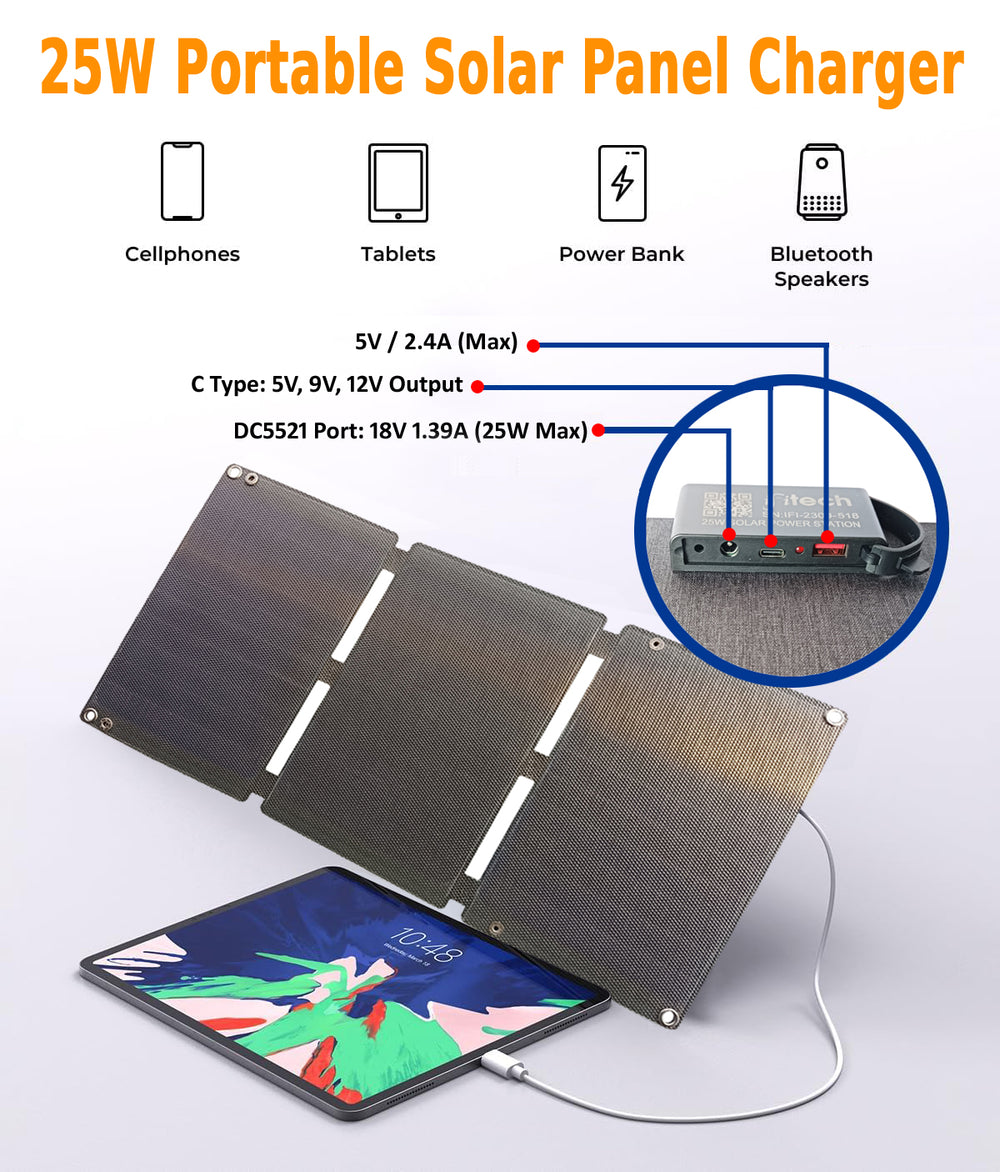 IFITech 25W Portable Waterproof Foldable Solar Panel Charger | Portable Power Station