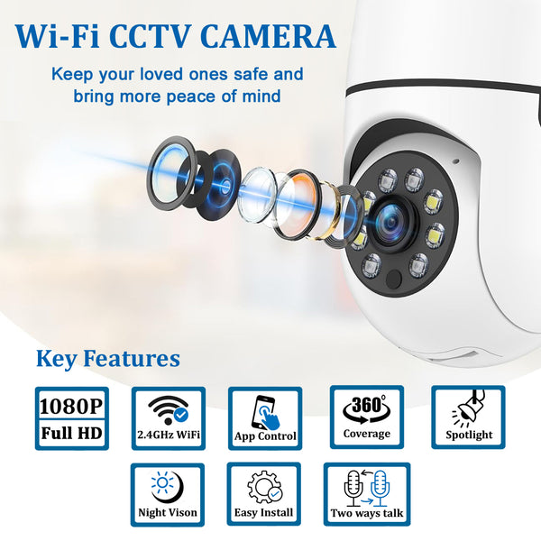 IFITech 2MP HD Wi-Fi Pan/Tilt Bulb Camera - V380 App