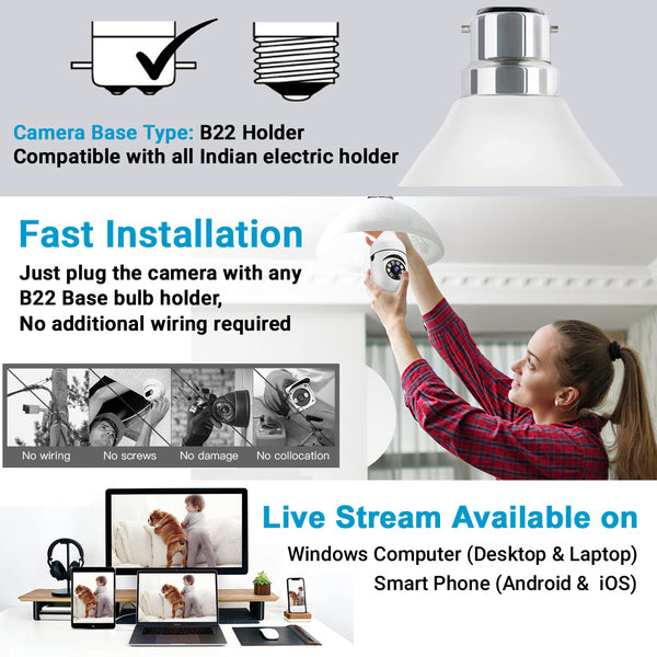 IFITech 2MP HD Wi-Fi Pan/Tilt Bulb Camera - V380 App