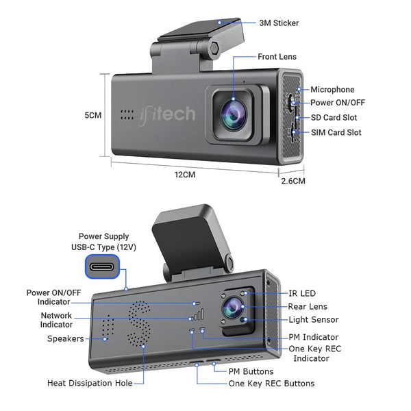 IFITech 3MP QHD Car Dashcam, 4G Sim Based Car Camera Dual Channel, Night Vision, Microphone, G-Sensor, Built-in GPS, App Control