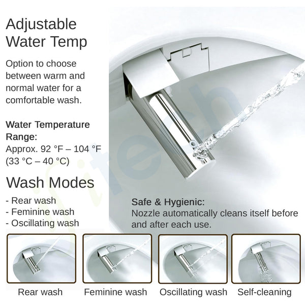 IFITech Smart Electric Bidet Toilet Seat with Remote Control, Heated Toilet Seat, Adjustable Warm Water, Air Dryer, Rear Feminine and Oscillating Washing, Night Light, Soft Close Lid, LED Display