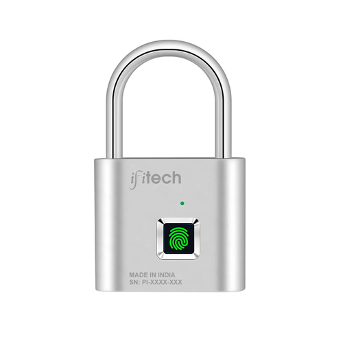 Silver electronic lock with fingerprint sensor on a white background