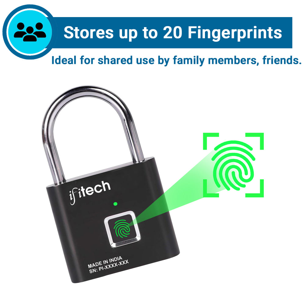 Black electronic lock with fingerprint sensor on a white background, branded 'ifitech'.