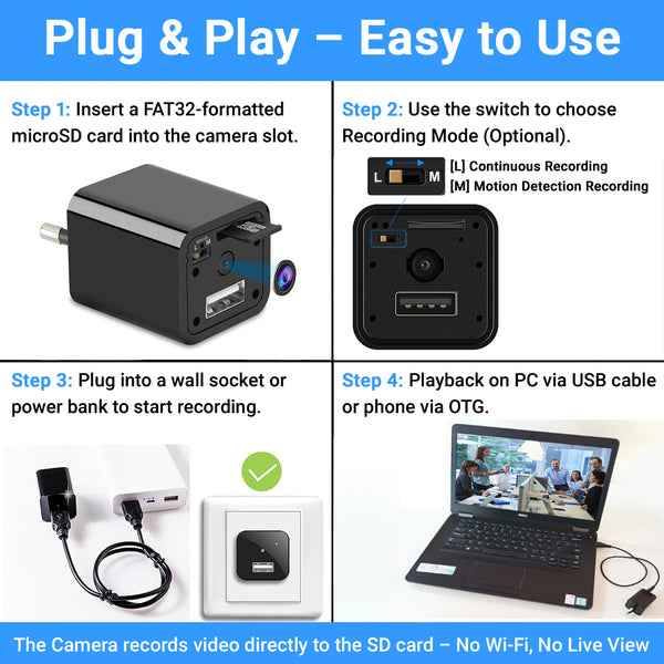 IFITech Hidden Spy Camera USB Charger – 1080P HD Mini Camera (No WiFi)