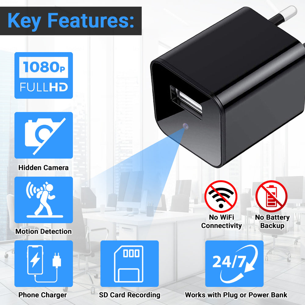 IFITech Hidden Spy Camera USB Charger – 1080P HD Mini Camera (No WiFi)