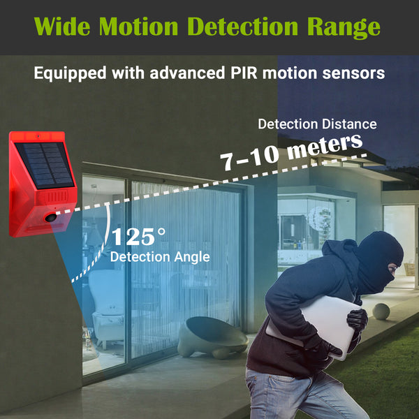 IFITech Solar Motion Sensor Alarm | Solar/USB Charging | 129dB Siren + Strobe Light | Remote Control