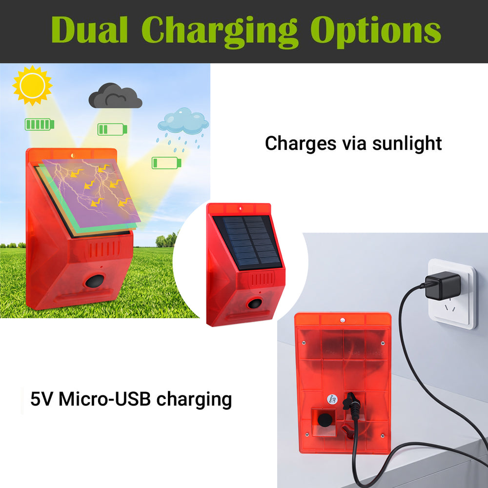 IFITech Solar Motion Sensor Alarm | Solar/USB Charging | 129dB Siren + Strobe Light | Remote Control