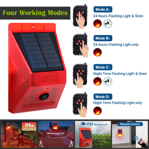 IFITech Solar Motion Sensor Alarm | Solar/USB Charging | 129dB Siren + Strobe Light | Remote Control