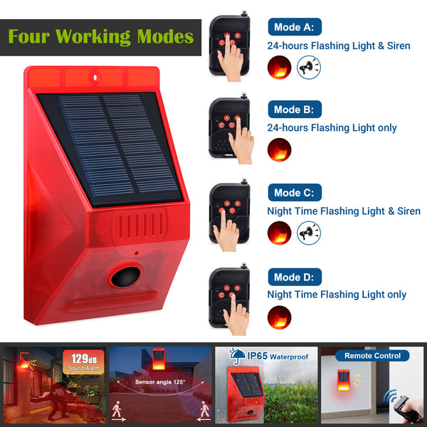 IFITech Solar Motion Sensor Alarm | Solar/USB Charging | 129dB Siren + Strobe Light | Remote Control
