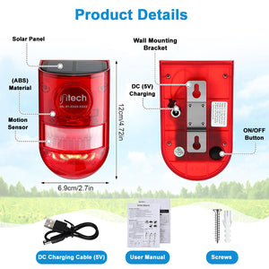 IFITech Solar Motion Sensor Alarm | Solar/USB Charging | 129dB Siren + Strobe Light