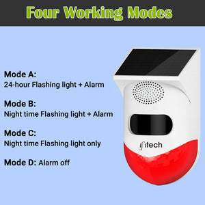 IFITech Solar Motion Sensor Alarm | Solar/USB Charging | 120dB Siren + Strobe Light