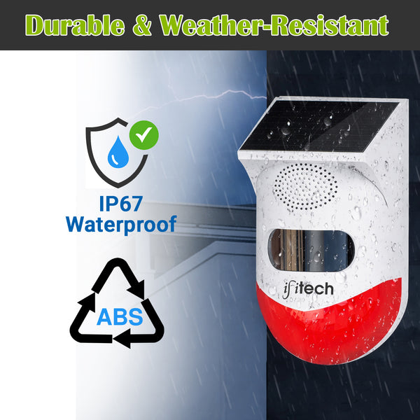 IFITech Solar Motion Sensor Alarm | Solar/USB Charging | 120dB Siren + Strobe Light