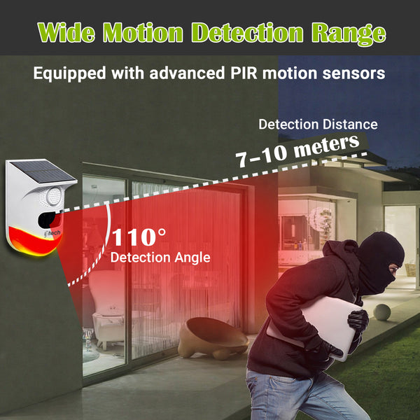IFITech Solar Motion Sensor Alarm | Solar/USB Charging | 120dB Siren + Strobe Light