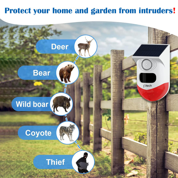 IFITech Solar Motion Sensor Alarm | Solar/USB Charging | 120dB Siren + Strobe Light