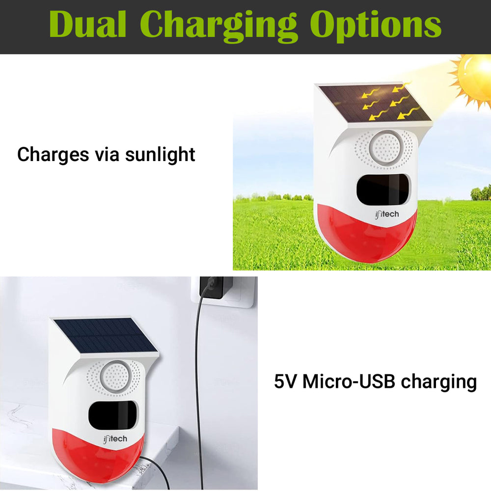 IFITech Solar Motion Sensor Alarm | Solar/USB Charging | 120dB Siren + Strobe Light | Wi-Fi App Alerts | Remote Control