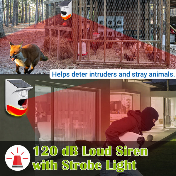 IFITech Solar Motion Sensor Alarm | Solar/USB Charging | 120dB Siren + Strobe Light
