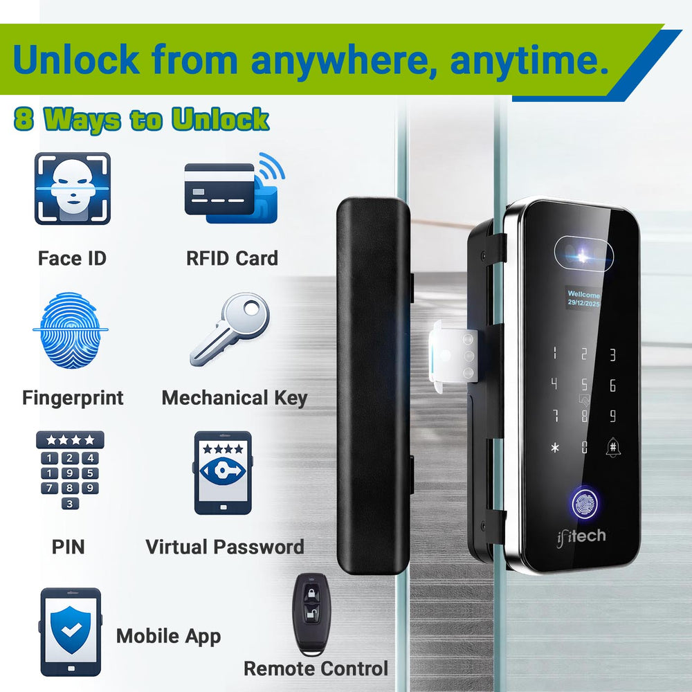IFITech WiFi Smart Glass Door Lock with Fingerprint & 3D Face Recognition | 8 Ways to Unlock – Face ID, Fingerprint, PIN, Virtual Password, RFID Card, Remote Control, Mechanical Key and Mobile App