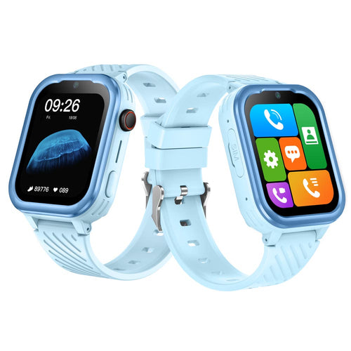 A studio shot of two IFITech SeTracker Milo 4G Smartwatches for kids in a light blue color, positioned diagonally with their screens facing outward. The watch on the left displays the time 09:26 and a jellyfish wallpaper. The watch on the right shows a grid of colorful app icons for features like calling, video, settings, chat, and SOS.