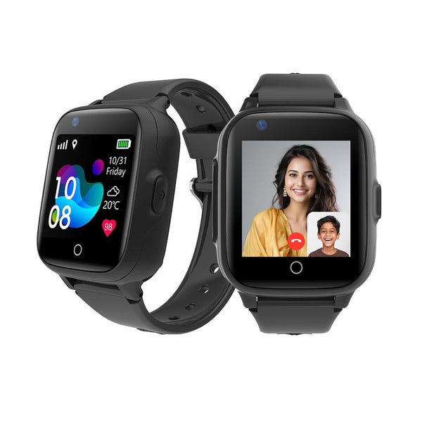 Black smartwatch with a display showing a woman and child on a white background