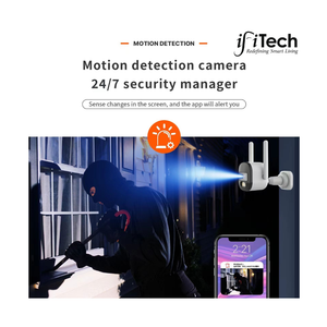 ifitech motion detection camera with a burglar and smartphone app interface on a white background