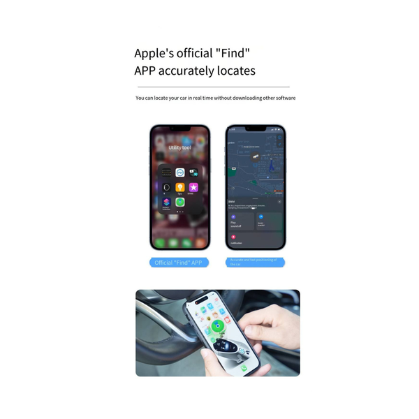 Two smartphones displaying Apple's 'Find' app with a person using the app on a car's screen.