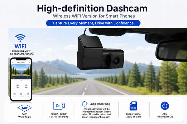 IFITech Full HD WiFi Car Dash Camera, 140° Wide Angle, Mobile App, Loop Recording, G-Sensor, Parking Monitoring, Supports Up to 128GB