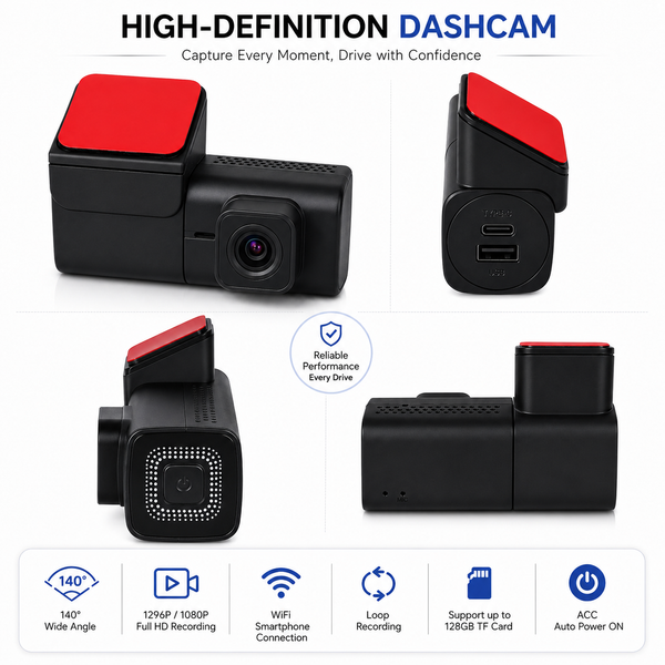 IFITech Full HD WiFi Car Dash Camera, 140° Wide Angle, Mobile App, Loop Recording, G-Sensor, Parking Monitoring, Supports Up to 128GB