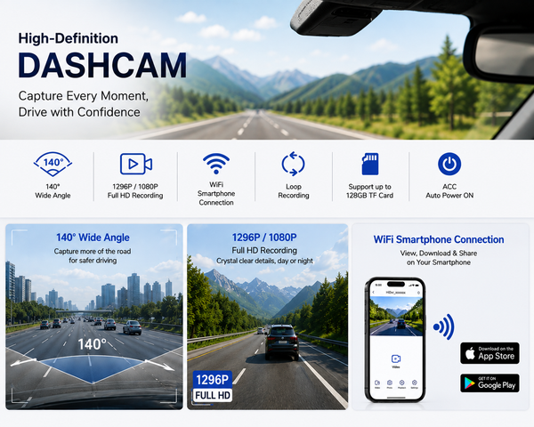 IFITech Full HD WiFi Car Dash Camera, 140° Wide Angle, Mobile App, Loop Recording, G-Sensor, Parking Monitoring, Supports Up to 128GB