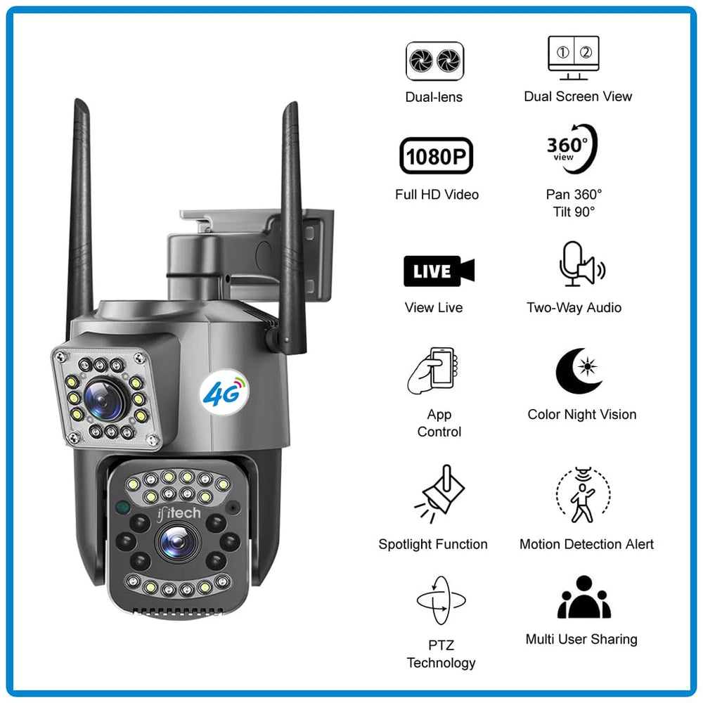 IFITech 4MP Dual-Lens Outdoor CCTV Camera | Smart Home Security Camera with Ethernet & SIM Card Connectivity | 360° Coverage