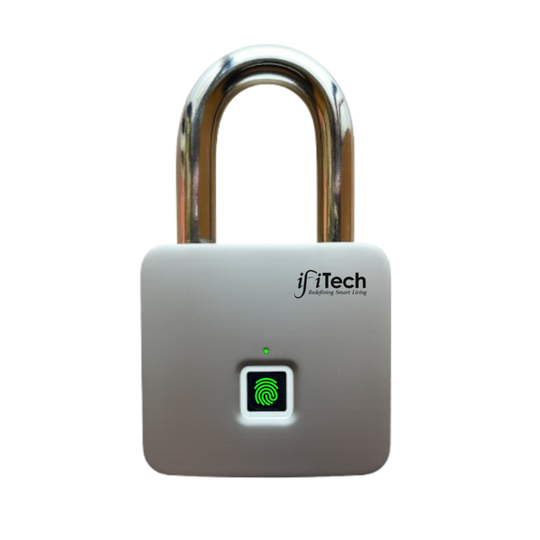 Smart lock with fingerprint sensor on a white background, branded as ifiTech.