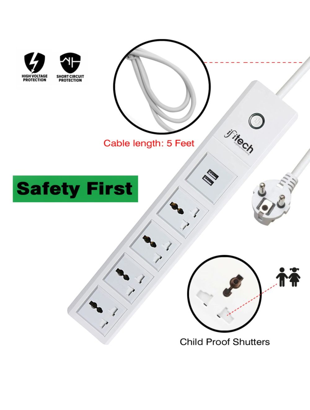 IFITech WiFi Smart Power Strip Extension Board (4 Universal Sockets USB Ports), Compatible with Alexa and Google Home App Control