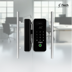 Digital door lock with keypad on a glass door, ifitech branding visible