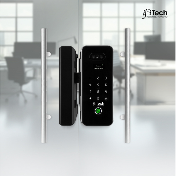 Digital door lock with keypad on a glass door, ifitech branding visible